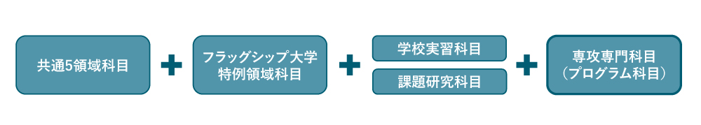 共通5領域科目+フラッグシップ大学特例領域科目+学校実習科目・課題研究科目+専攻専門科目（プログラム科目）