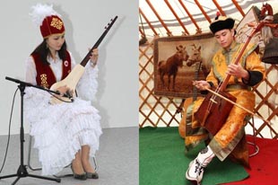 (左)キルギスの伝統楽器｢コムズ｣の演奏(右)モンゴルの伝統楽器｢馬頭琴｣の演奏