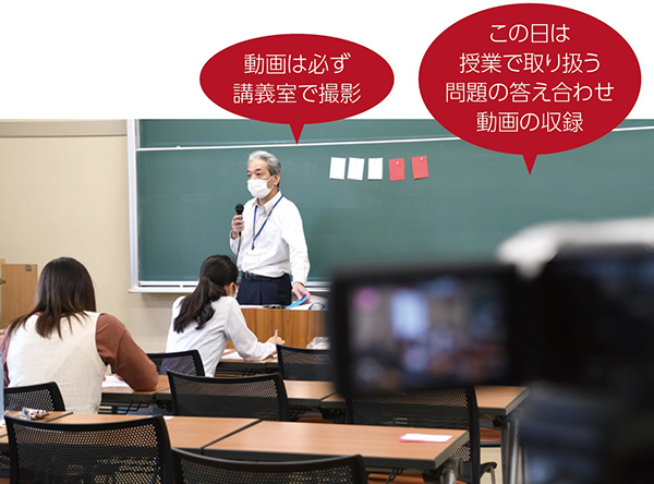 授業で取り扱う問題の答え合わせ動画を、講義室で収録している様子