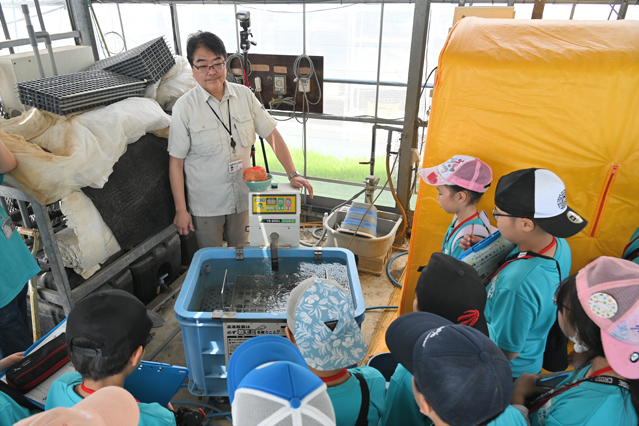 60度のお湯で種もみを消毒する温湯消毒について説明する大江真道准教授